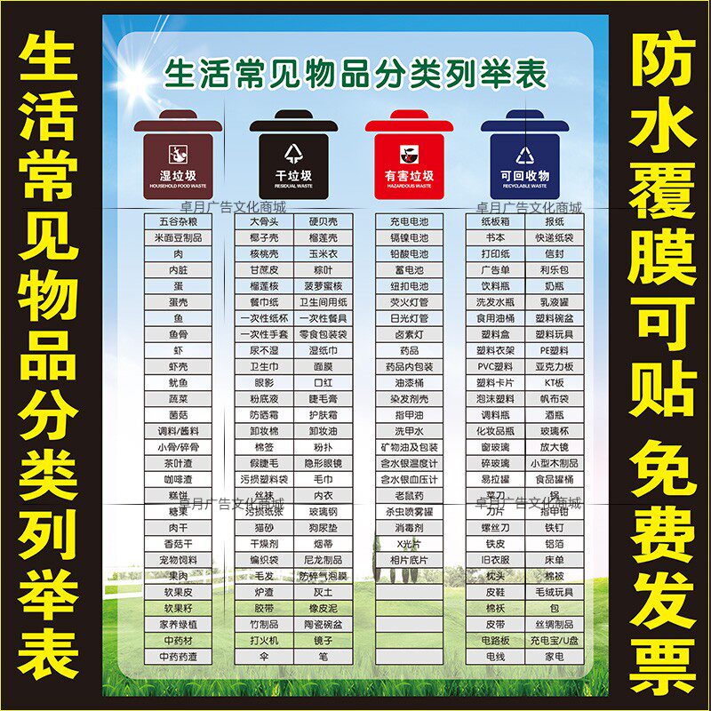 垃圾分类生活常见物品列举标识贴纸投放指南墙贴