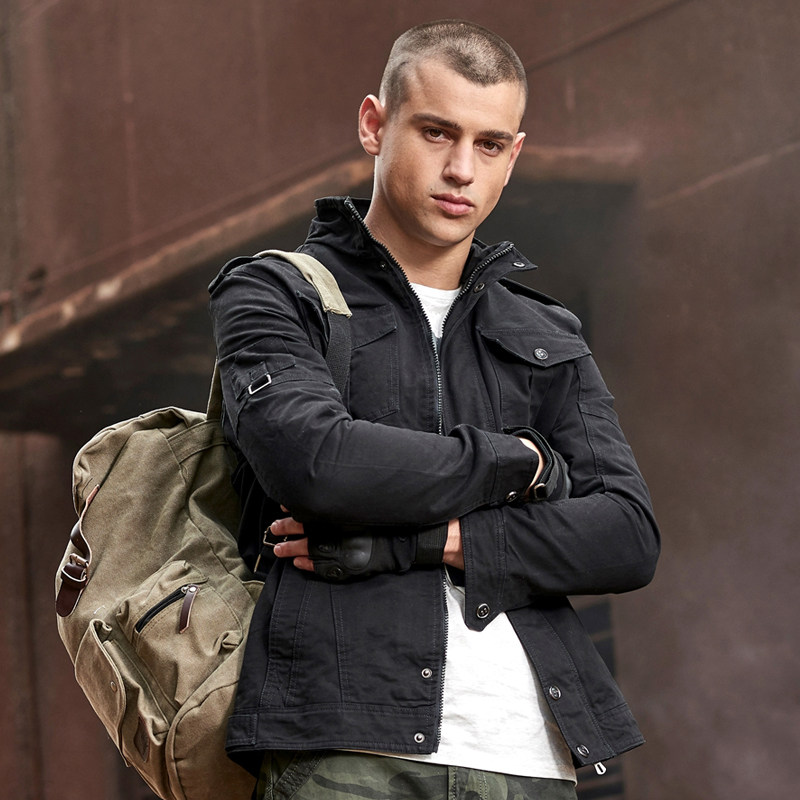 【77男装硬汉店】2020秋季新款纯棉立领工装水洗夹克黑色外套ak