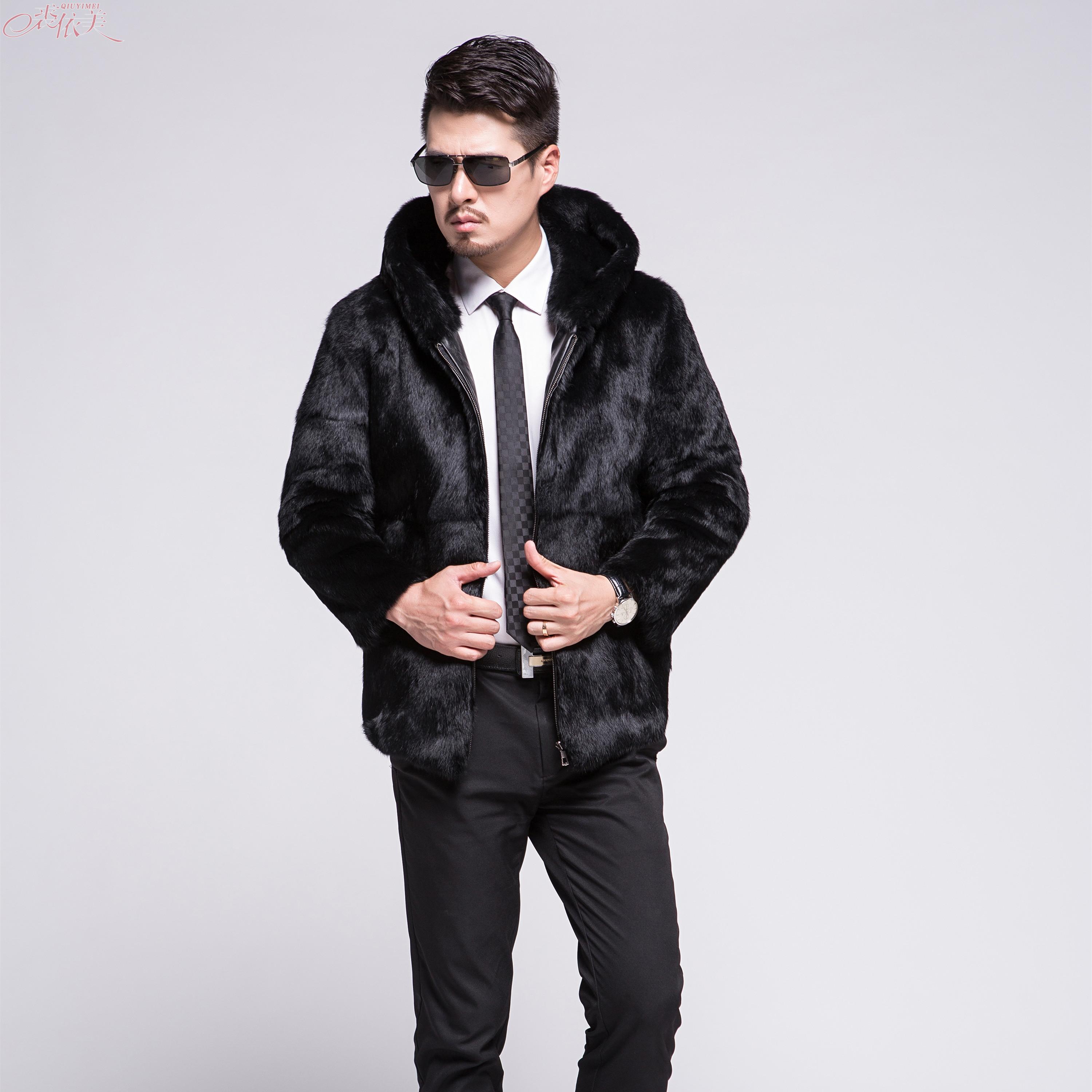 男士兔毛皮草外套真皮皮衣皮毛一体狐狸毛领皮衣