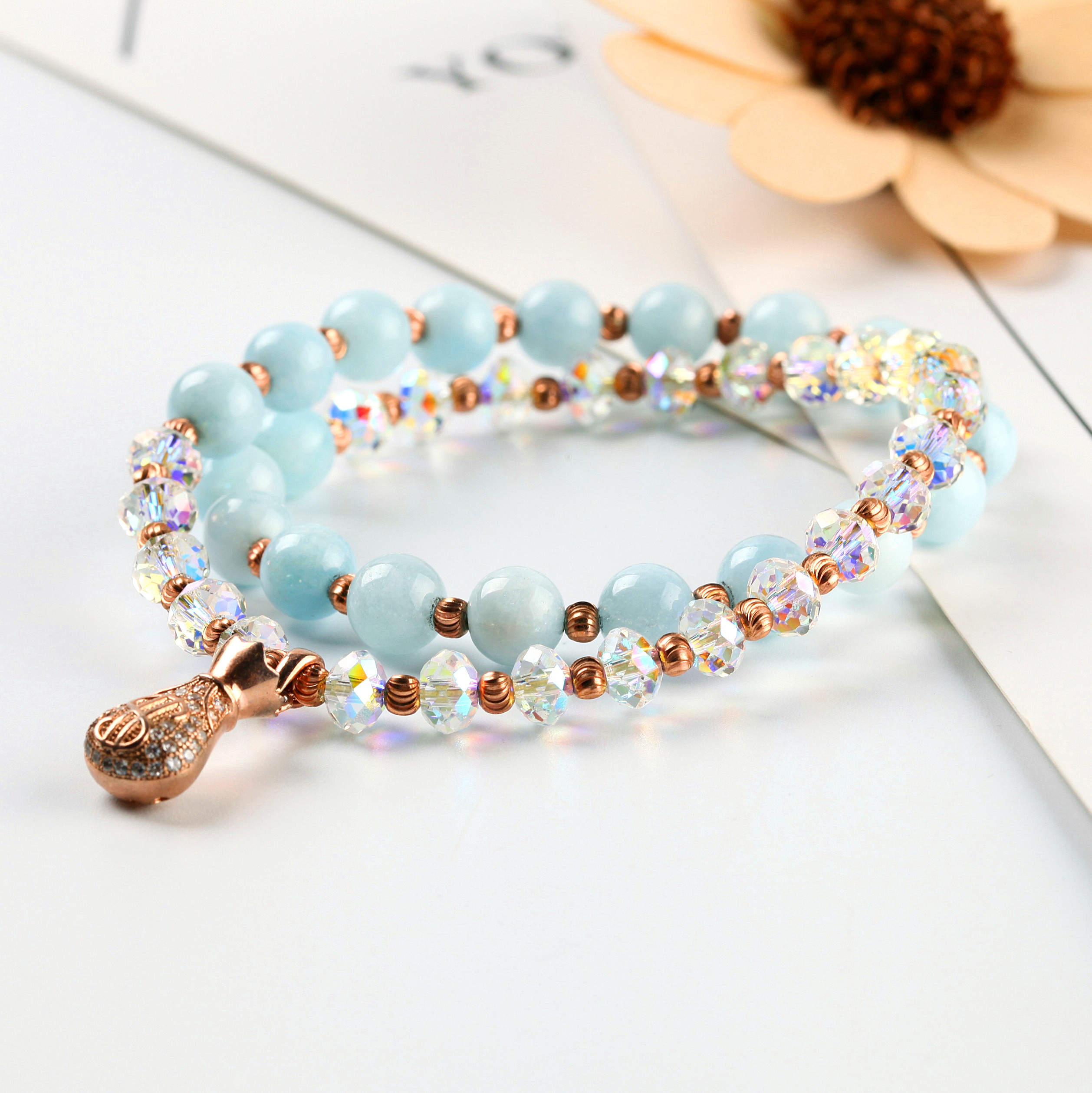 原创设计s925银钱袋海蓝宝奥地利水晶多层手链气质手串女生日礼物