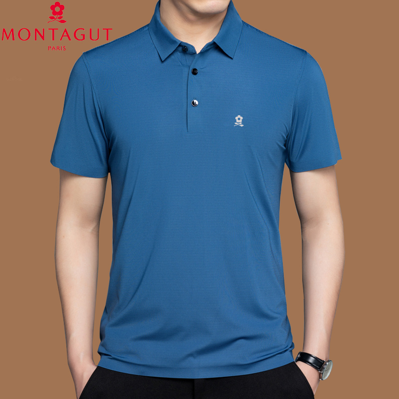 梦特娇纯色桑蚕丝短袖t恤男宽松中年爸爸真丝翻领夏季薄款polo衫