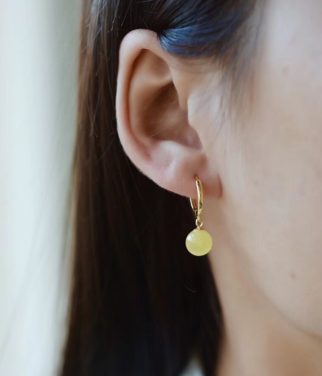 珍珠18k金耳扣光面圆形耳环挂耳吊耳蜜蜡玉石耳饰