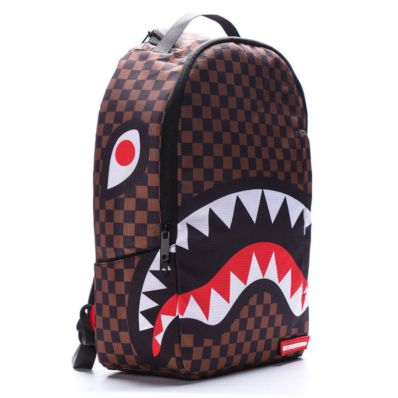 sg鲨鱼牙齿印花双肩包高中中学生书包格子休闲双肩背包