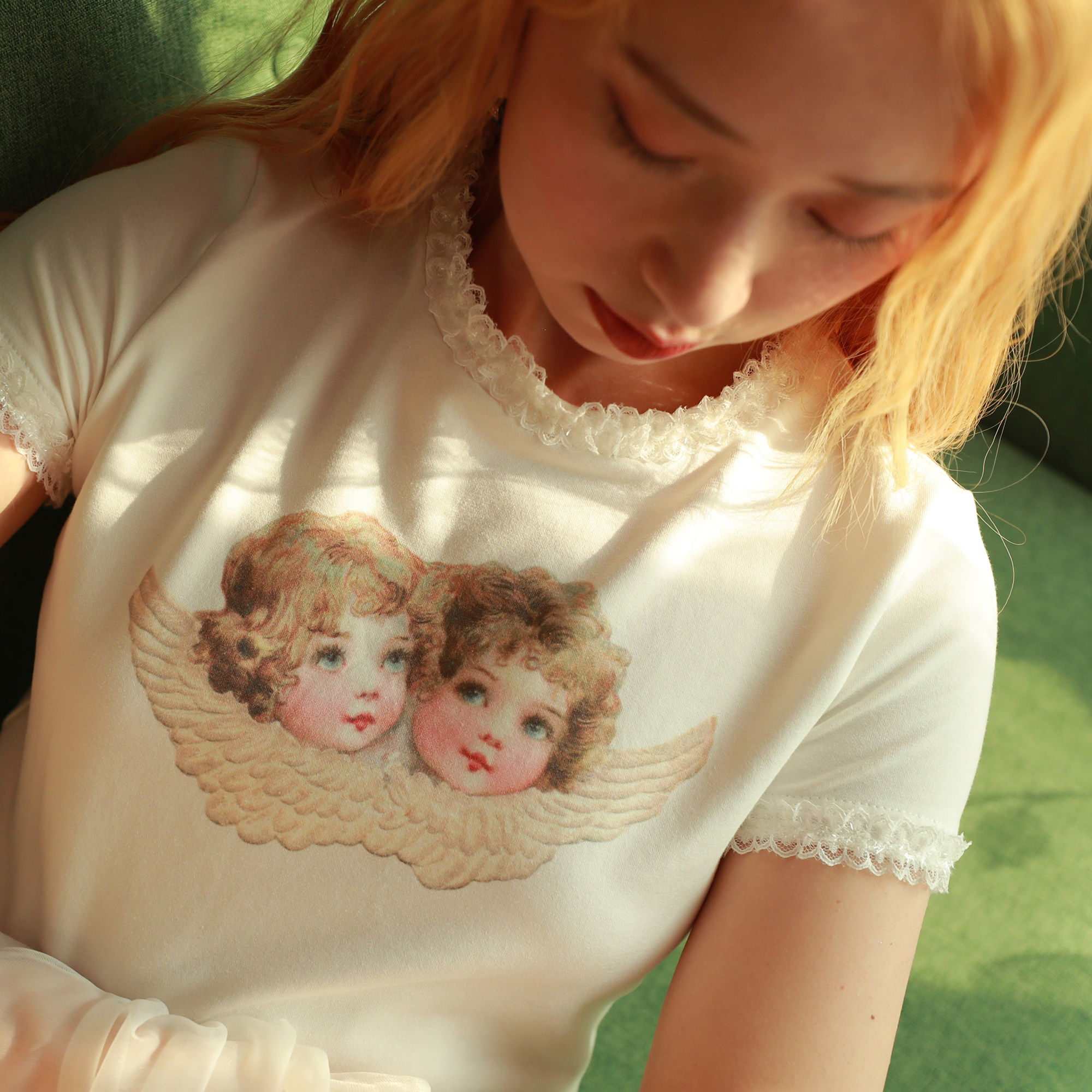 myghost原创自制维多利亚油画天使丘比特印花花蕾丝边t恤