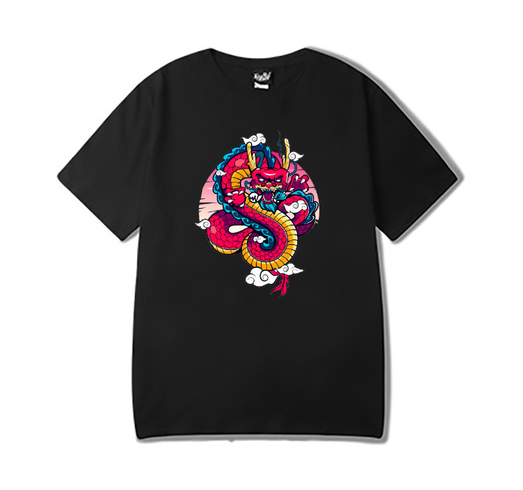 情侣宽松原宿bf男女短袖ins潮牌日系二次元卡通插画龙图案日文t恤