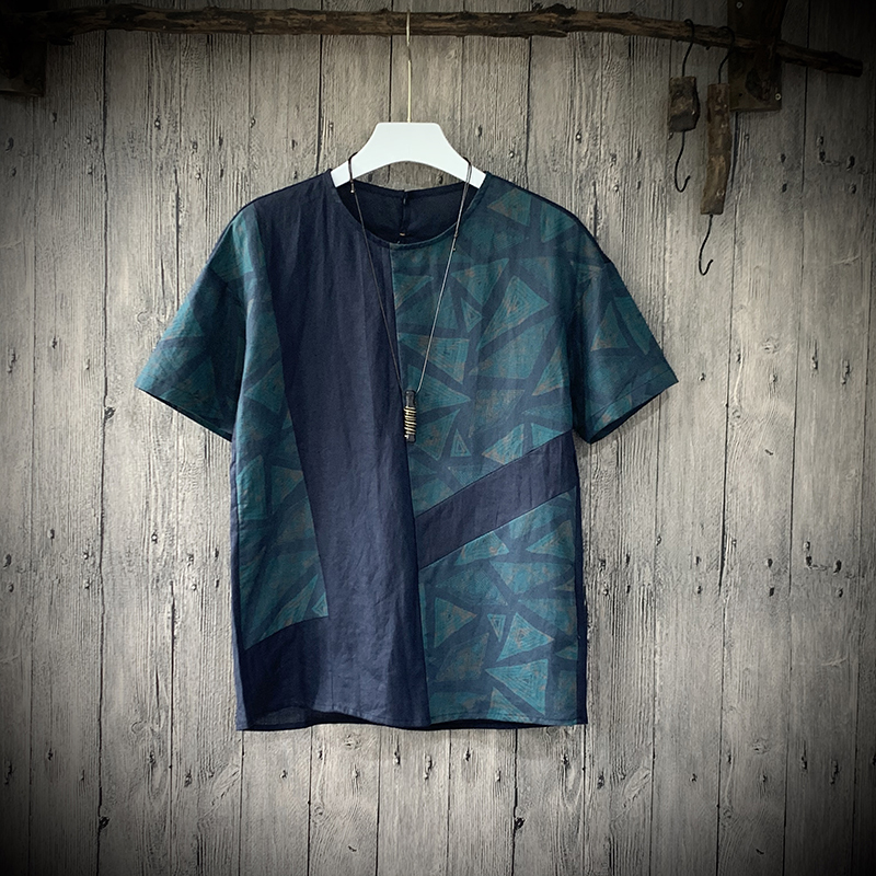 夏季中国民族风男士潮流宽松休闲上衣花色拼接亚麻短袖棉麻T恤衫