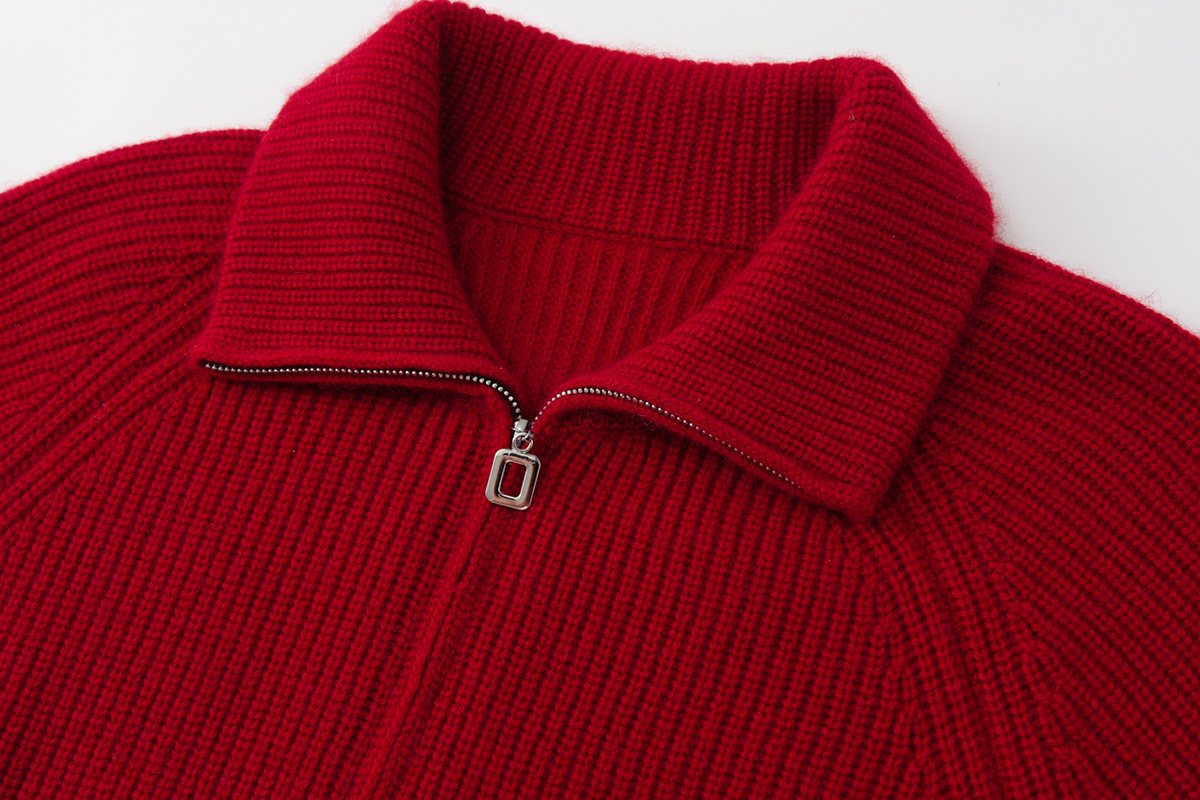 秋冬女装纯山山羊绒翻领加厚针织拉链开衫大码毛衣