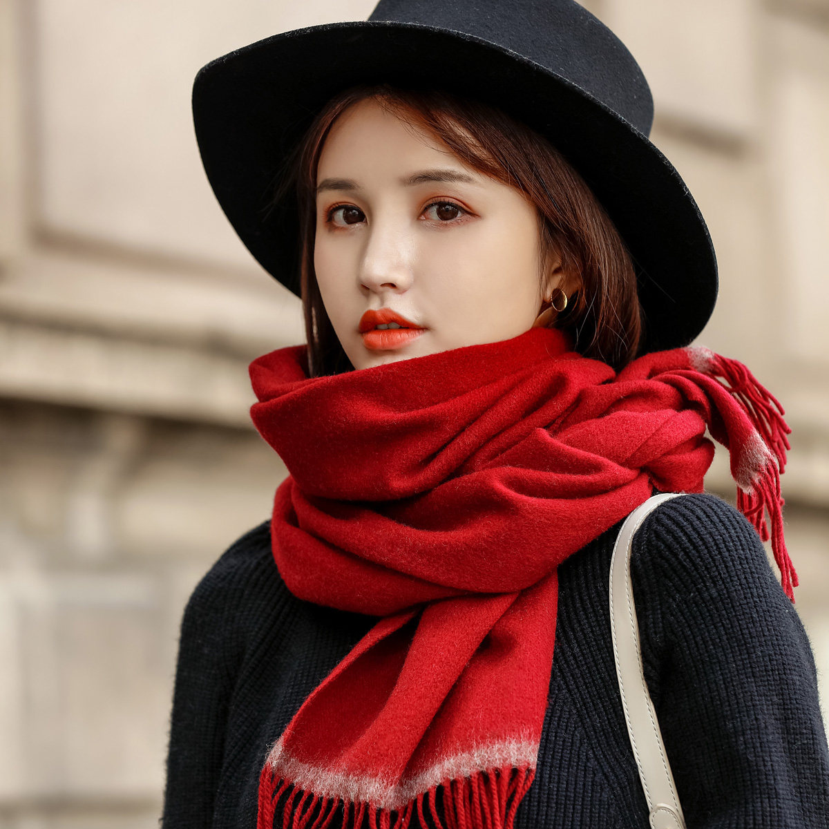 围脖百搭纯色羊毛围巾秋冬季韩版长红色加厚披肩围巾