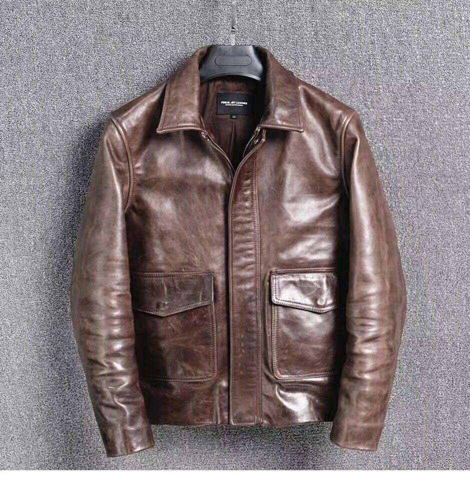 教父蜡染马皮头层皮夹克军款复古男士皮衣修身皮衣
