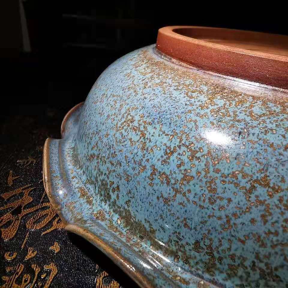 钧瓷手工摆件窑变开片炉钧金斑创意手拉胚荷口摆件