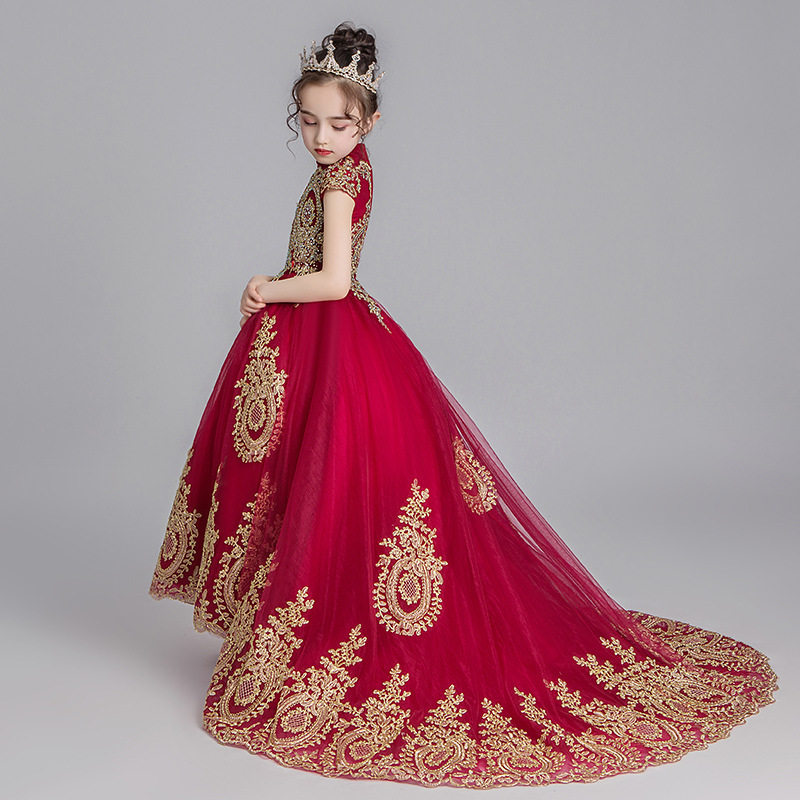 红色公主女童蓬蓬主持人演出服小女孩模特走秀洋气连衣裙