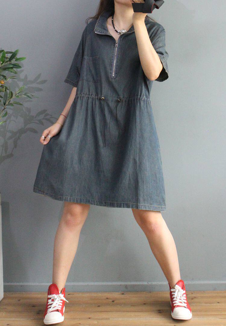 若溪牛仔连衣裙2020夏季新款松紧腰薄款大码复古连衣裙