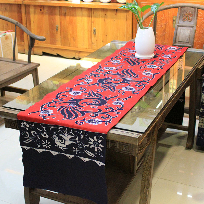 苗族蜡染画桌旗花飞凤纯棉单层茶几长条民族风苗族蜡染
