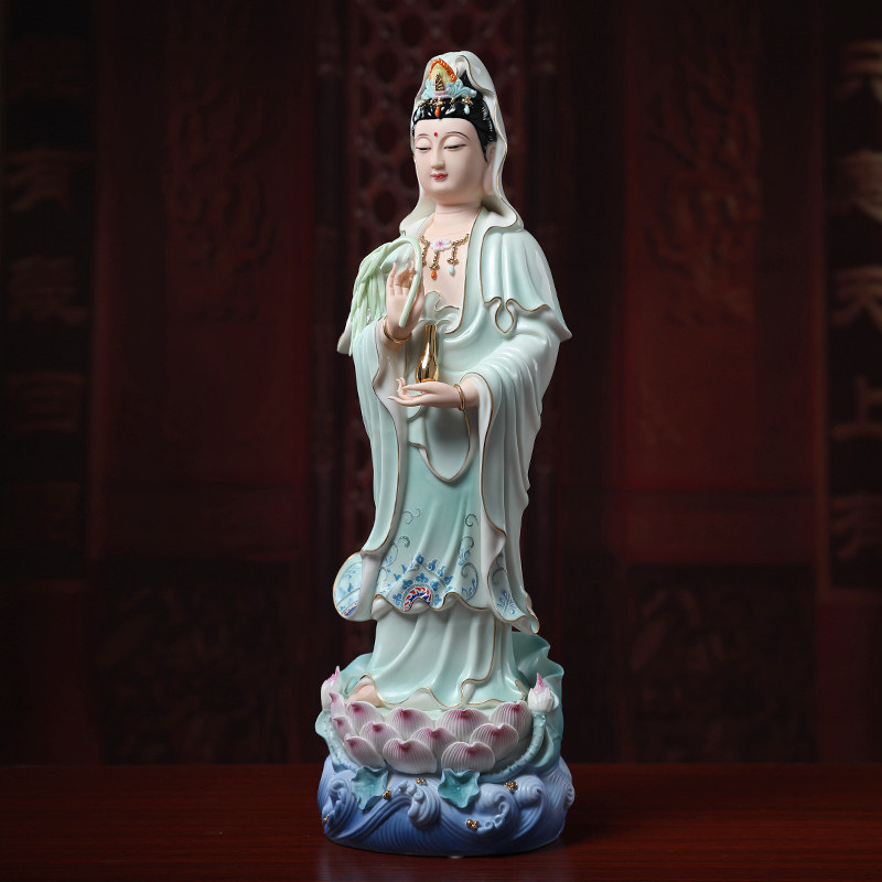 戴玉堂立荷观音菩萨青衣彩绘佛像居家供奉家供观摆件