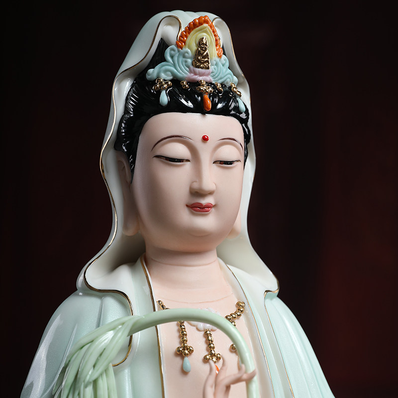 戴玉堂 18吋立荷观音菩萨天青衣彩绘佛像居家供奉家供观世音摆件_双氙
