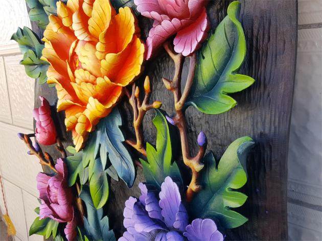 手工云南木刻工艺品特色木雕重彩彩绘富贵牡丹木雕