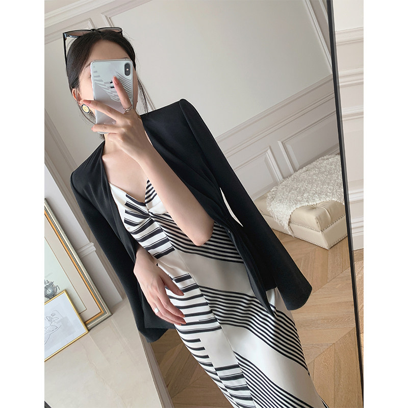 mona原创女装条纹吊带连衣裙高腰瘦小性感女人味连衣裙