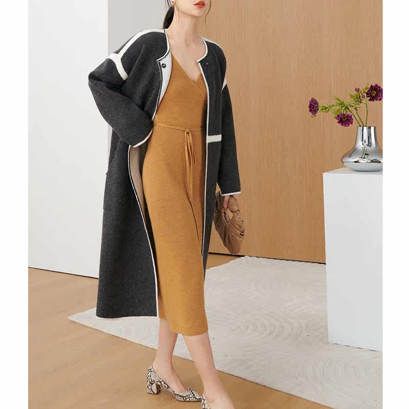 mona原创女装羊毛拼色开衫外套针织秋冬新款毛呢外套