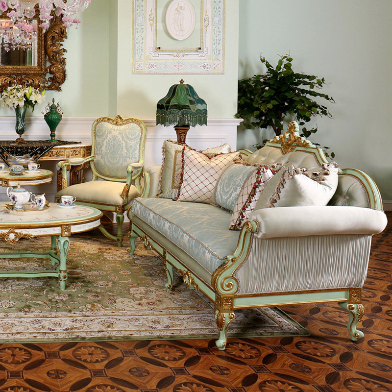 茱莉安浪漫欧式法式实木青绿色蓝青青色提花布艺实木沙发