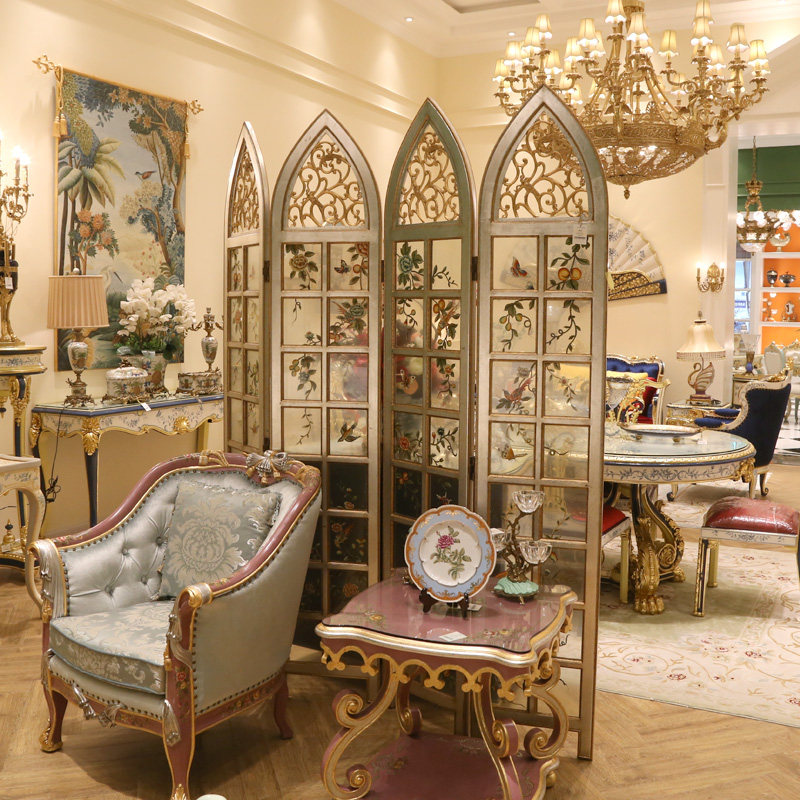 茱莉安法式奢华艺术屏风隔断雕花手绘风景贴金折屏