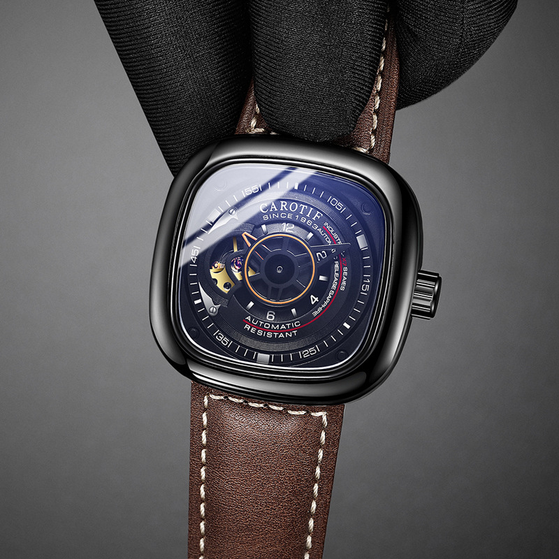 正品carotif卡罗蒂夫手表机械表全自动镂空学生方形新概念国产腕表