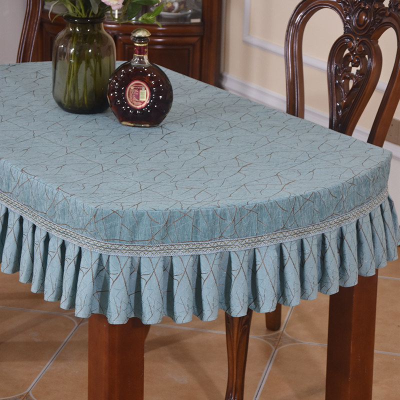 雪尼尔蓝色加厚半圆桌布收缩椭圆形桌子套裙摆布桌布