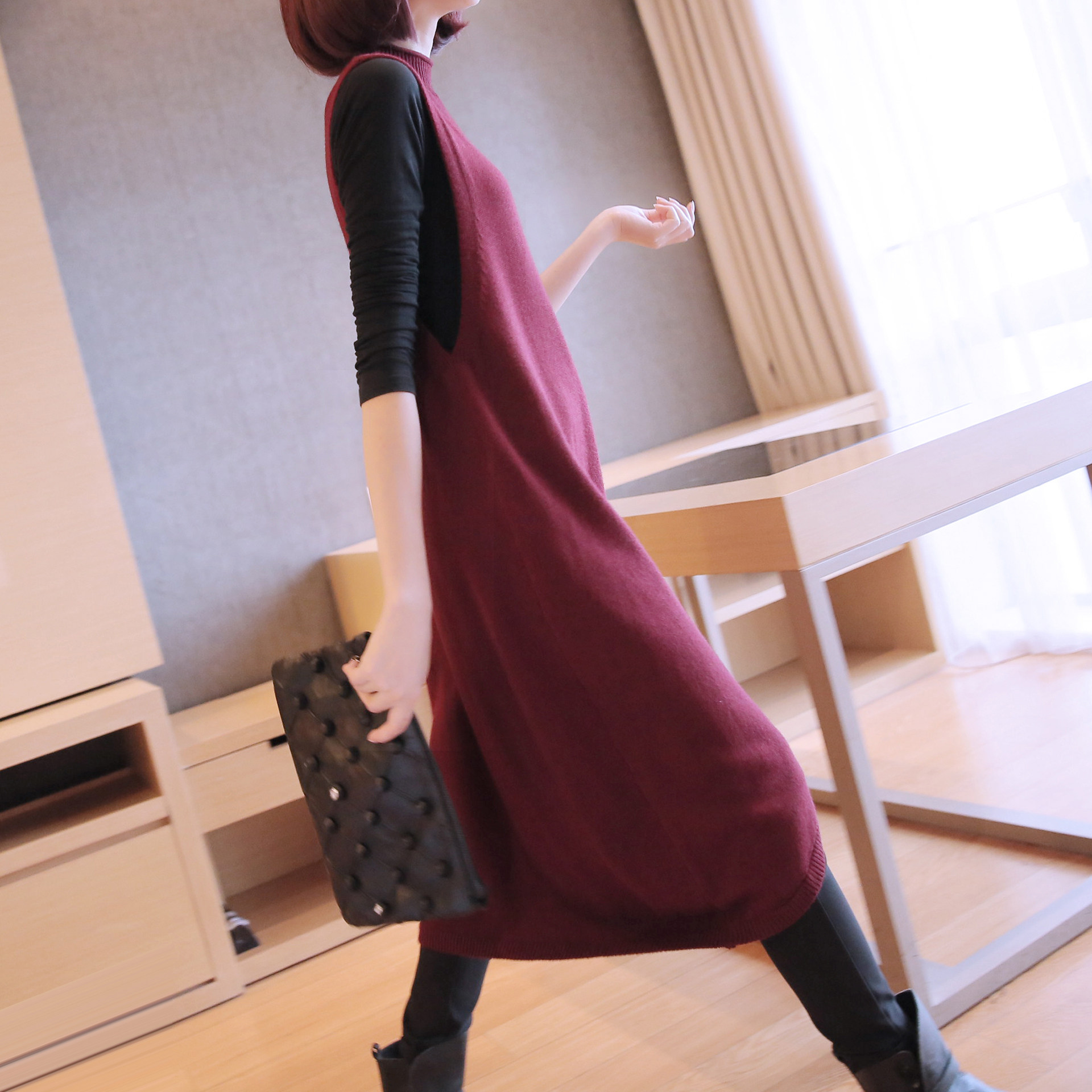 无袖针织连衣裙中长款春秋装新款不规则半高高领连衣裙