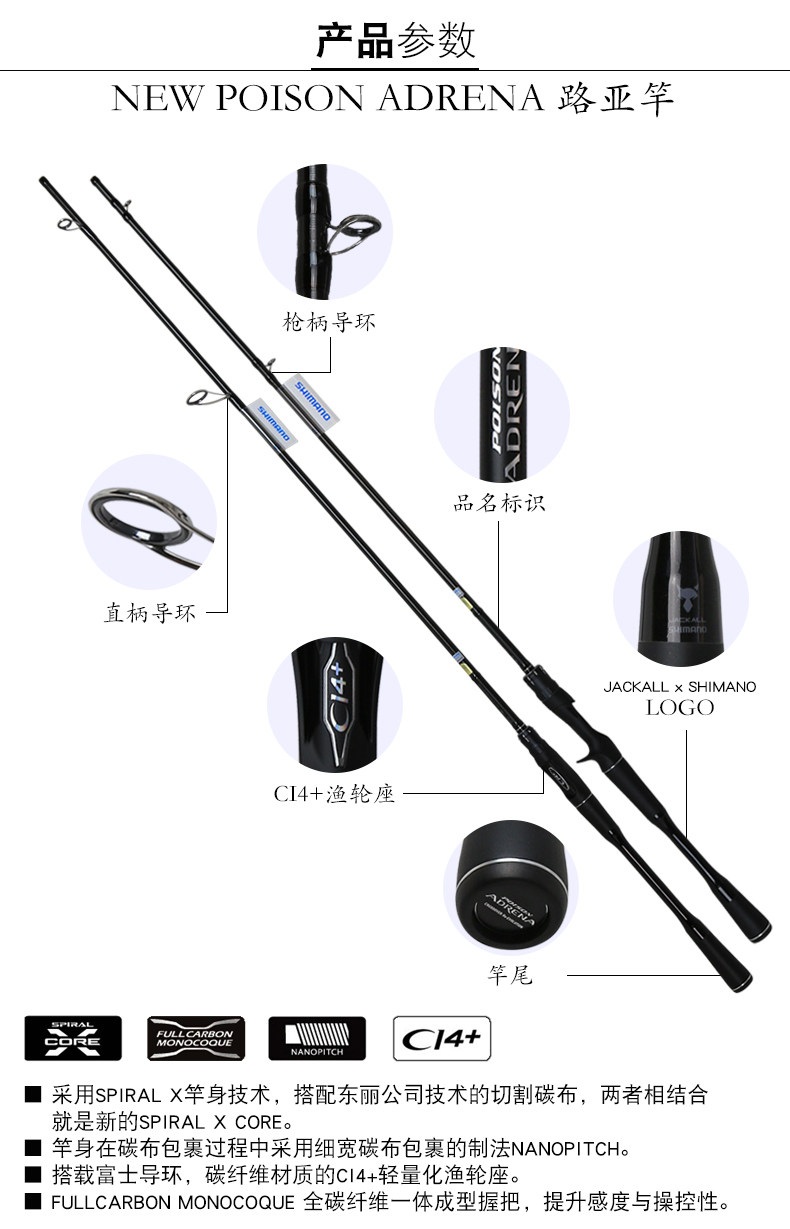 shimano禧玛诺荣光二代路亚竿直柄枪柄poisonadrena鱼竿八工竿