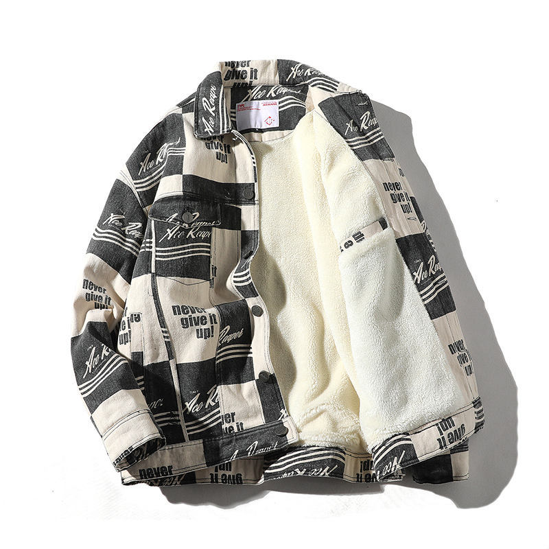 羊羔毛外套男冬季ins加厚棒球棉衣宽松oversize工装棉服格子棉袄