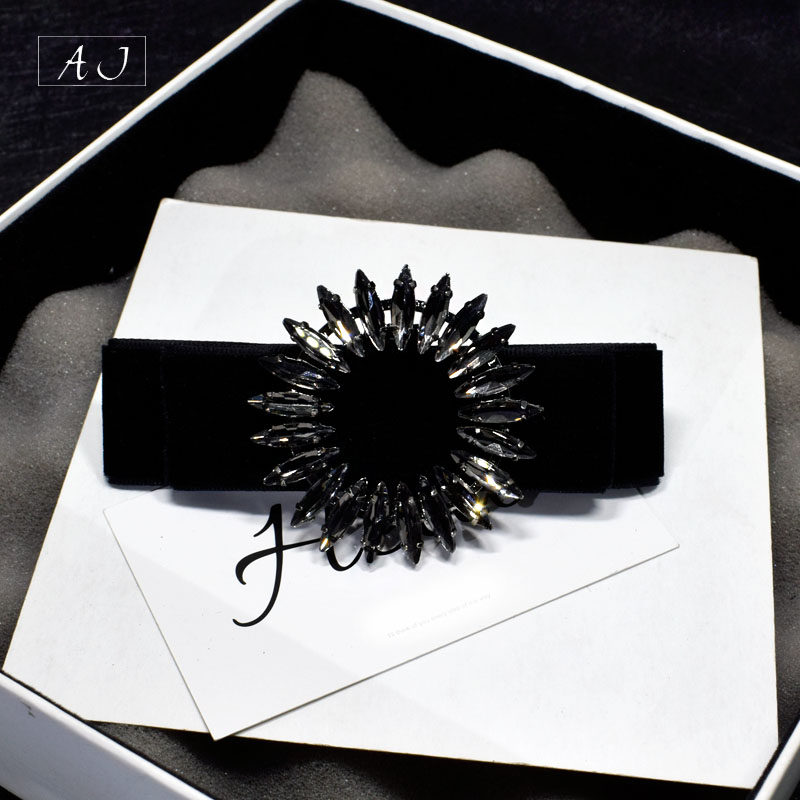进口水晶丝绒黑色蝴蝶结发夹卡子一字夹小香风头饰高档发卡弹簧夹