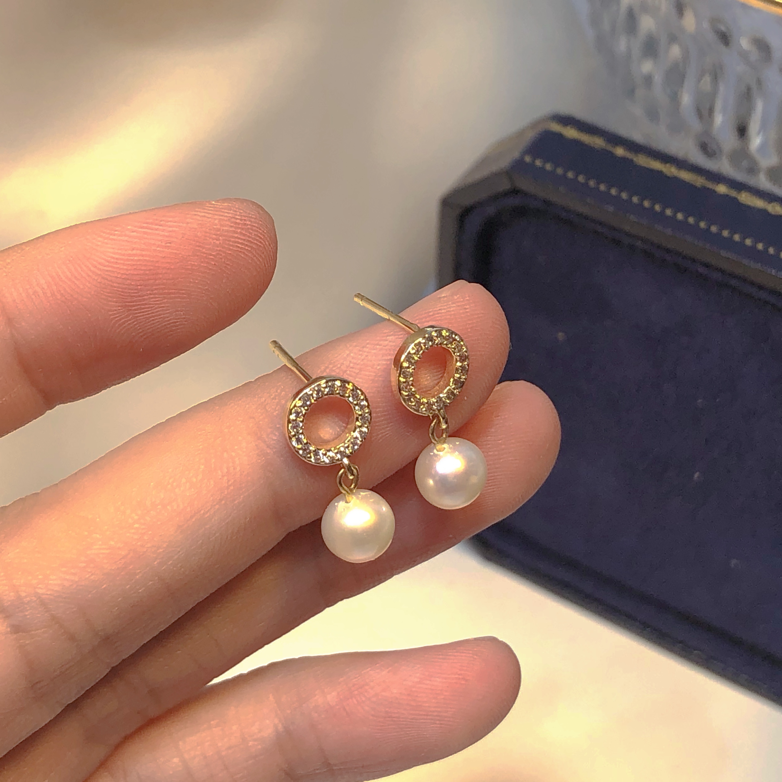 14k包金小巧圆形迷你珍珠耳环锆石镶嵌耳钉耳钉