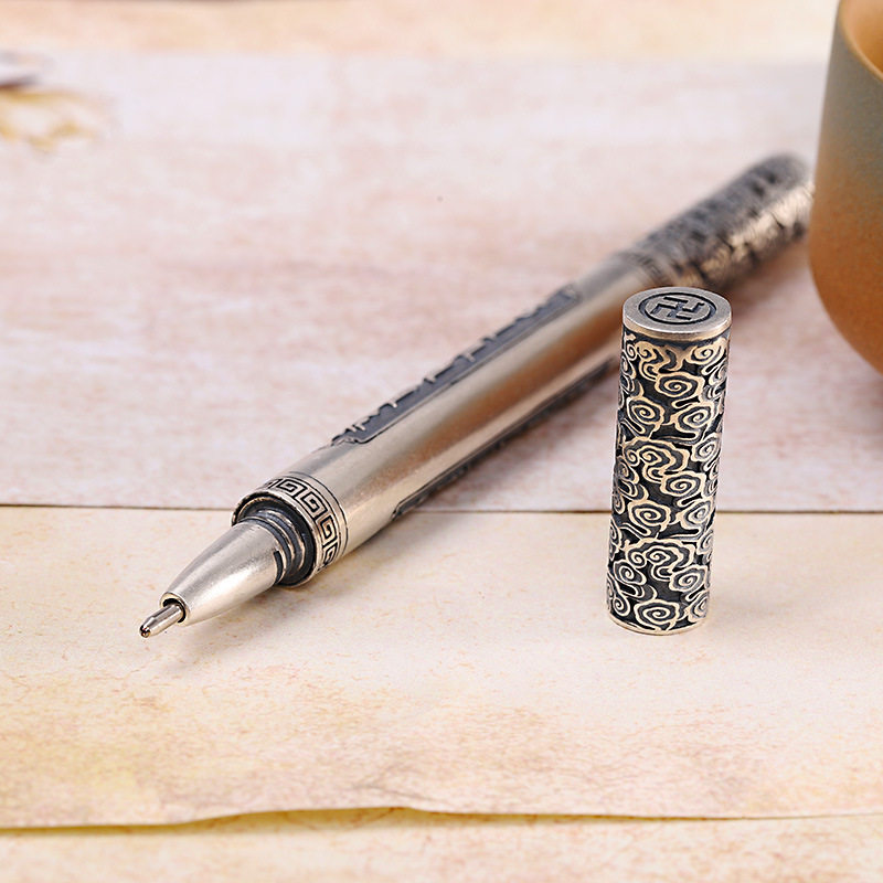 s925如意送礼高档银笔中性个性金箍棒真言纯银摆件