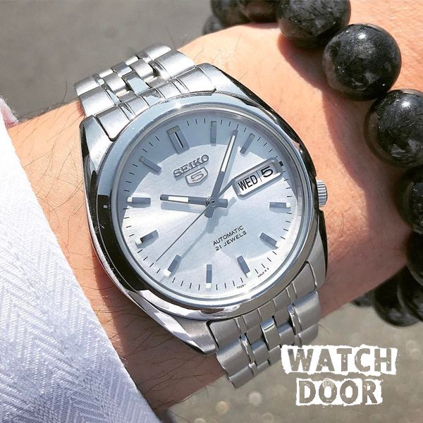 精工盾牌5号自动机械表36MM银白底夜光商指针务男表 SNK355K1