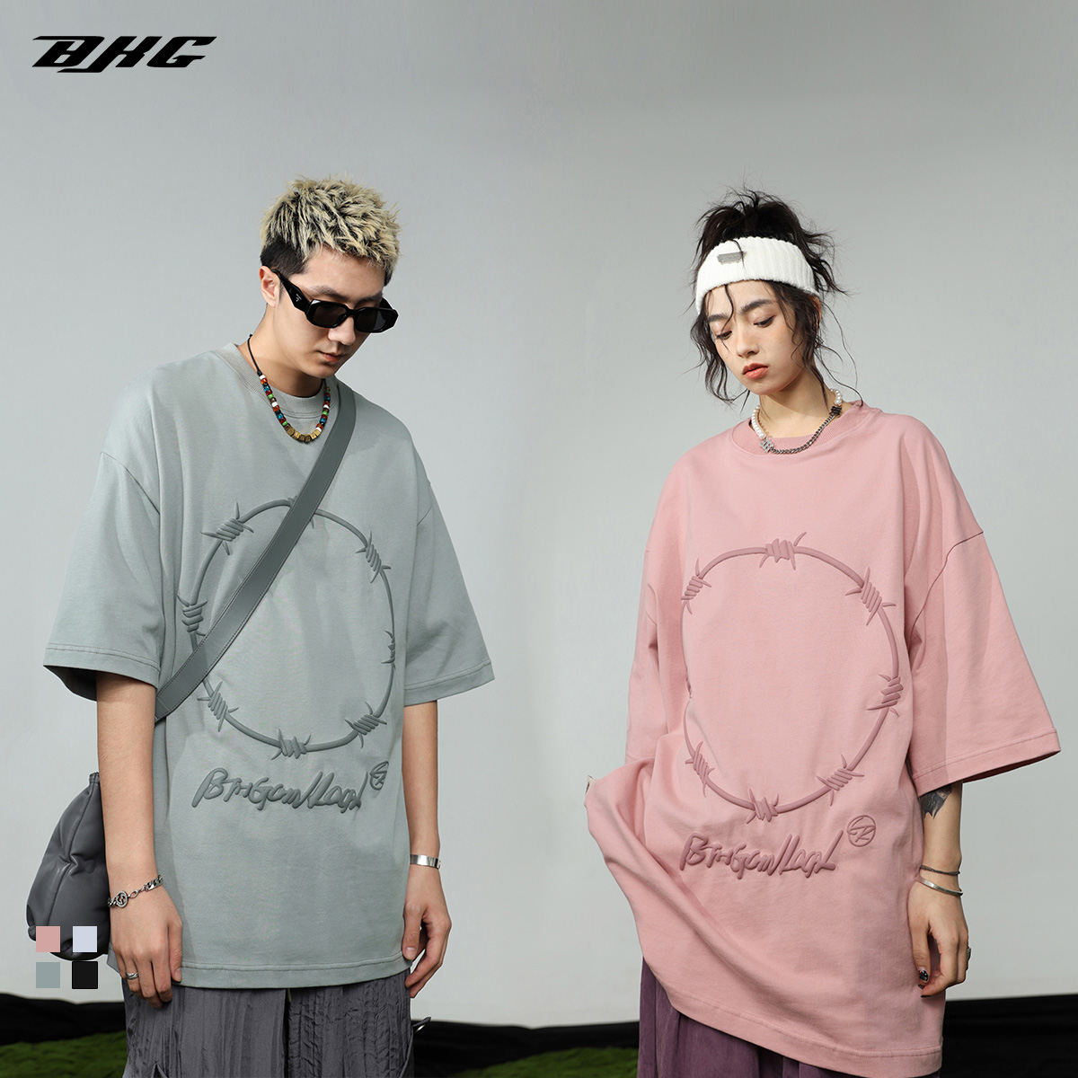 BJHG自制 夏荆棘立体发泡印花短袖T恤男女国潮OVERSIZE落肩袖体恤
