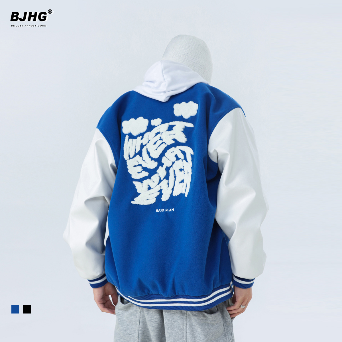 春PU皮拼接植绒云朵字母刺绣棒球服夹克男女潮牌新款宽松情侣外套