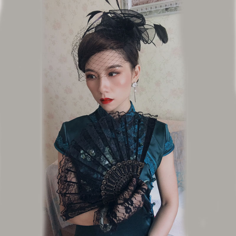 新娘羽毛头饰演出复古面纱饰品夜上海旗袍网纱小礼帽发饰发夹黑白