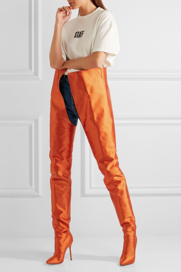 走秀款过膝长靴细高高跟鞋橙色时装裤靴一体超长时装靴