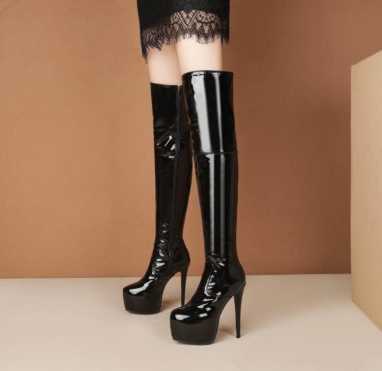 长靴钢管舞超高跟鞋细跟大码夜场天高漆皮超长时装靴