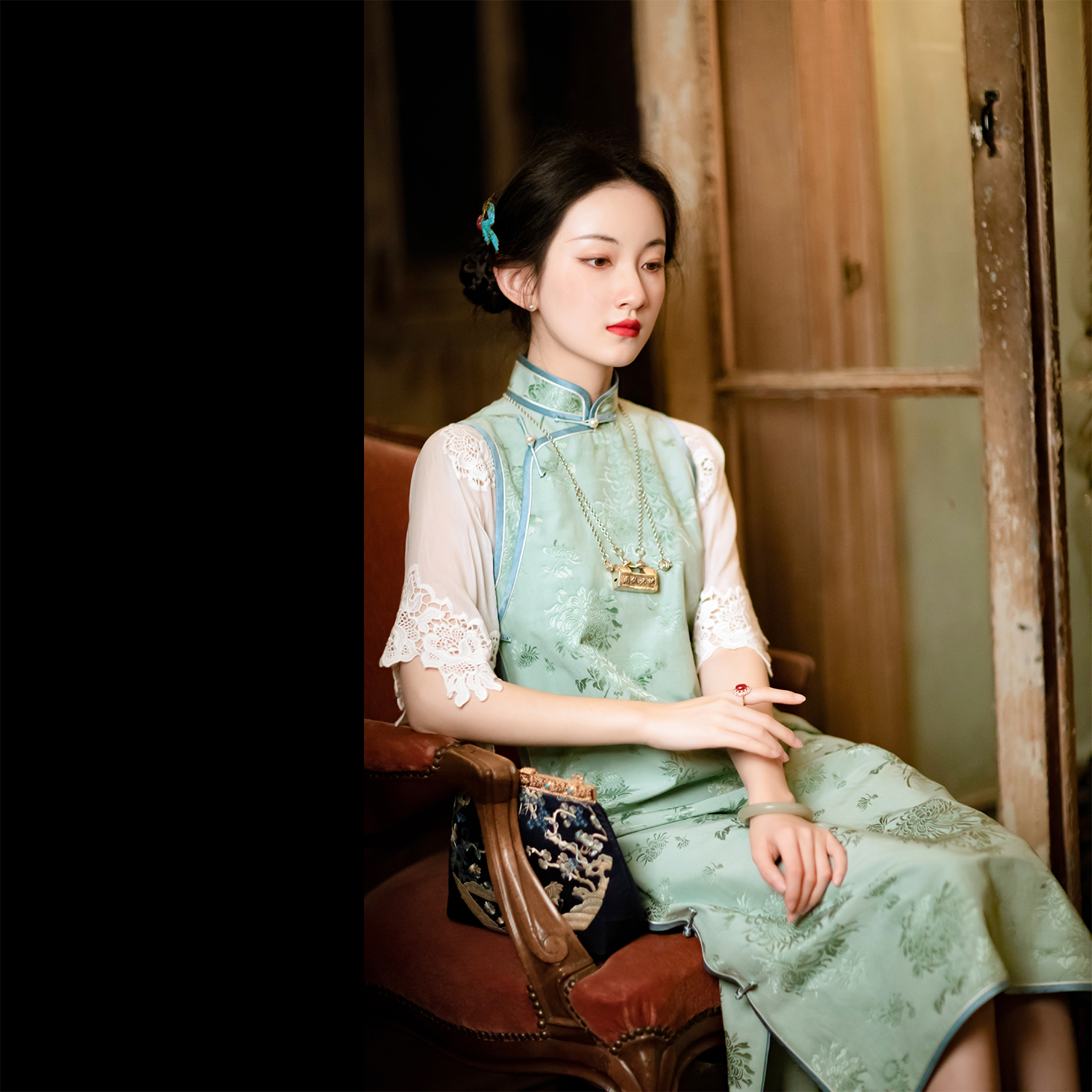 汐岚花边年轻旗袍复古国风袖民倒大蕾丝花蕾丝旗袍