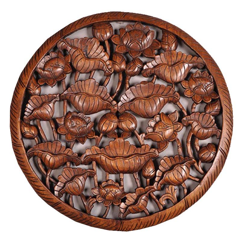 泰国木雕60cm圆形荷花雕花板镂装饰挂件玄关木雕