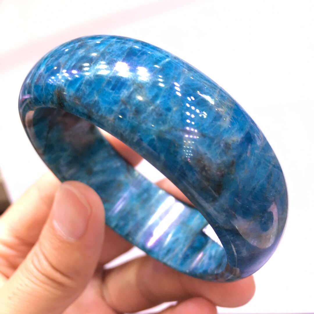 天然磷灰石手镯老矿蓝色水晶宝石宽版一图一物支持手镯