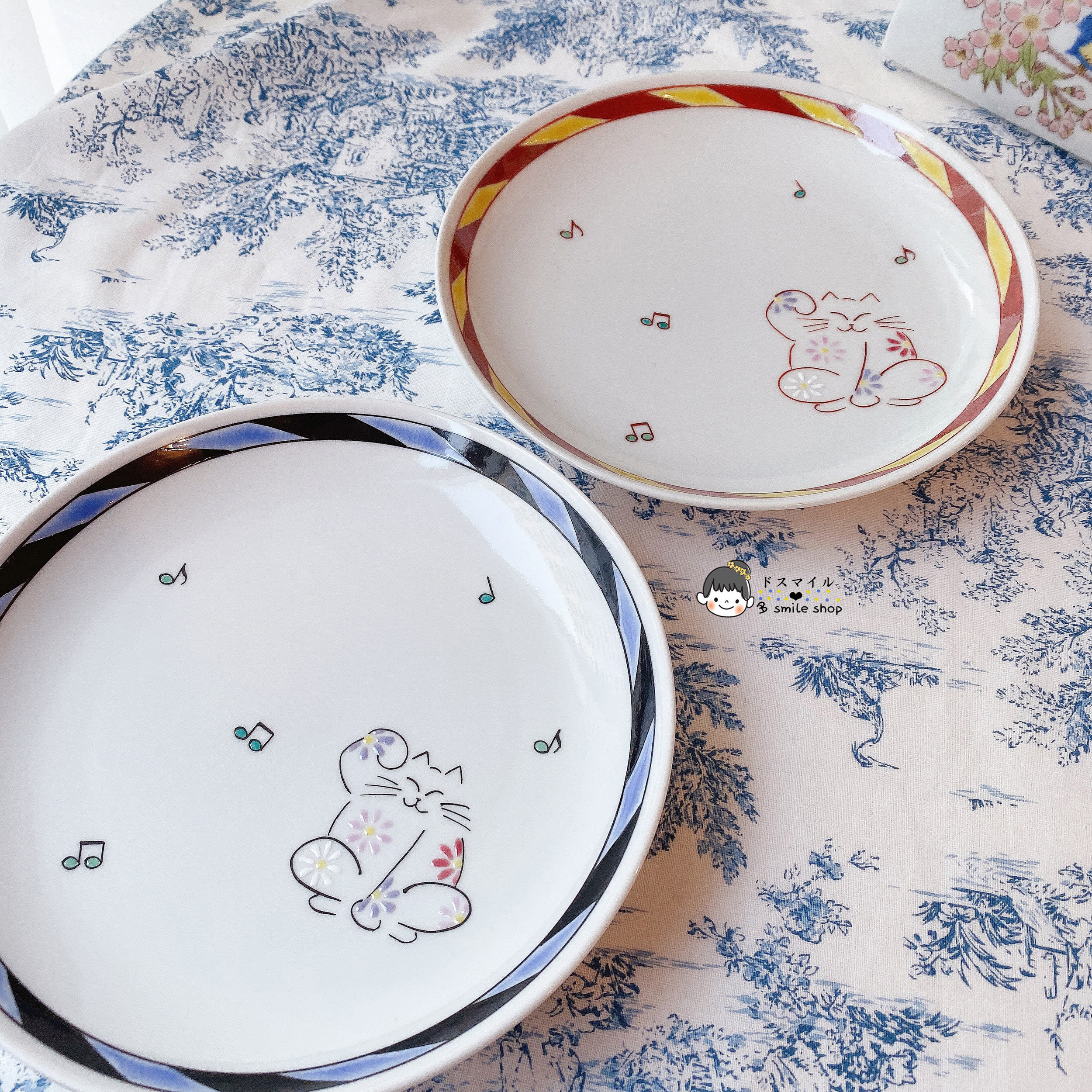 现货日本进口九谷烧手绘音符招财猫彩绘樱桃盘子碟