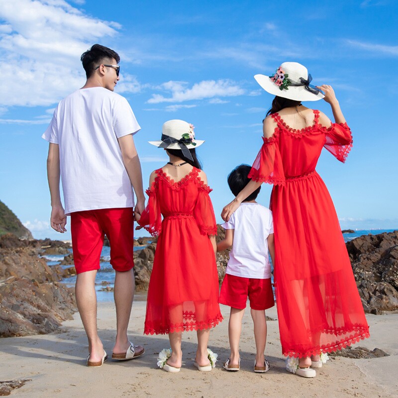 优雅父女亲子家庭三口一家母子父子花边夏父女亲子装