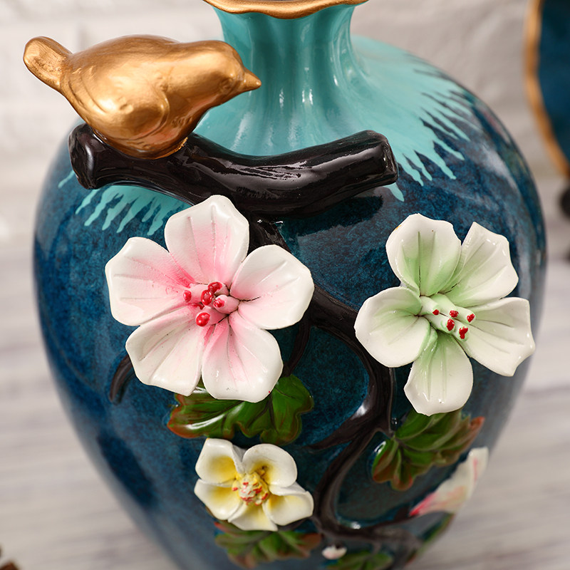 欧式花瓶摆件客厅插花立体浮雕花插摆盘三件花瓶