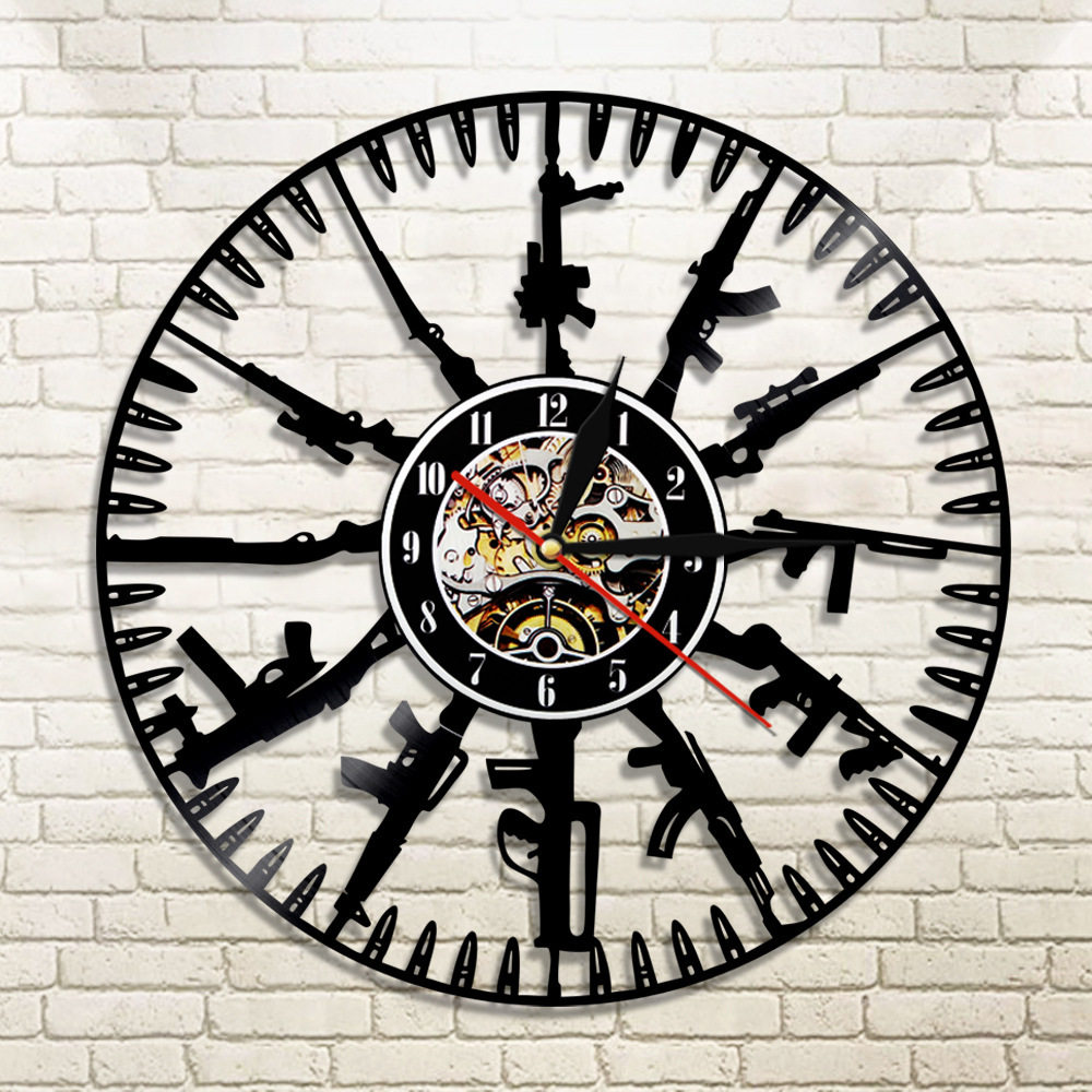 跨境出口创意黑胶时钟军队武器子弹兵器个性挂钟