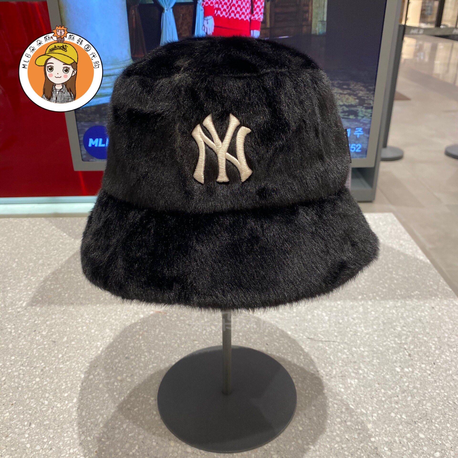 韩国mlb正品帽子2020秋冬新款经典毛绒ny渔夫帽洋基队la盆帽ins风