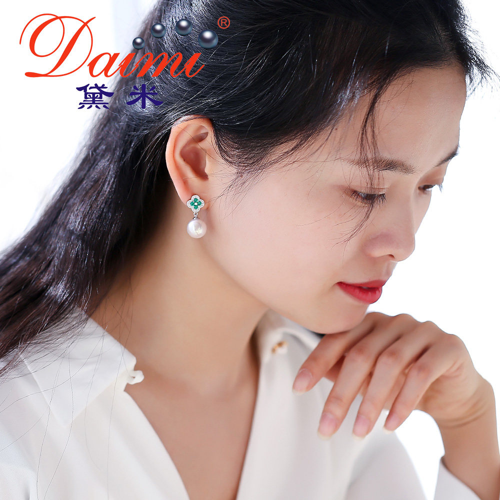 黛米珠宝婧蕊1112mm正圆白色大颗淡水珍珠耳钉耳饰