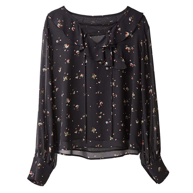 v领黑色碎花雪纺女上衣2020早秋荷叶边长袖衬衫系带印花宽松小衫