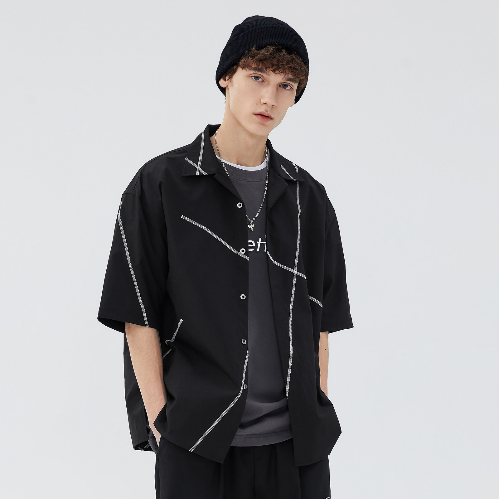 lilbetter短袖衬衫休闲复古衬衣新款痞帅男装国潮衬衫