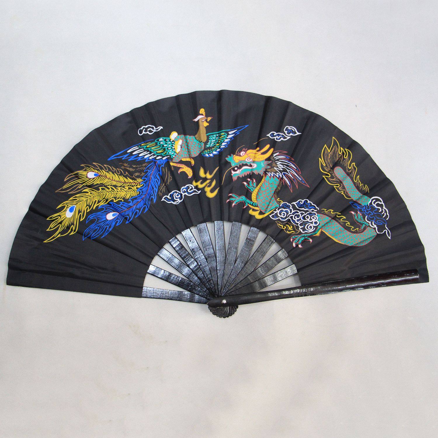 太极武术练功功夫扇龙凤图案竹骨一尺送扇袋舞蹈太极扇